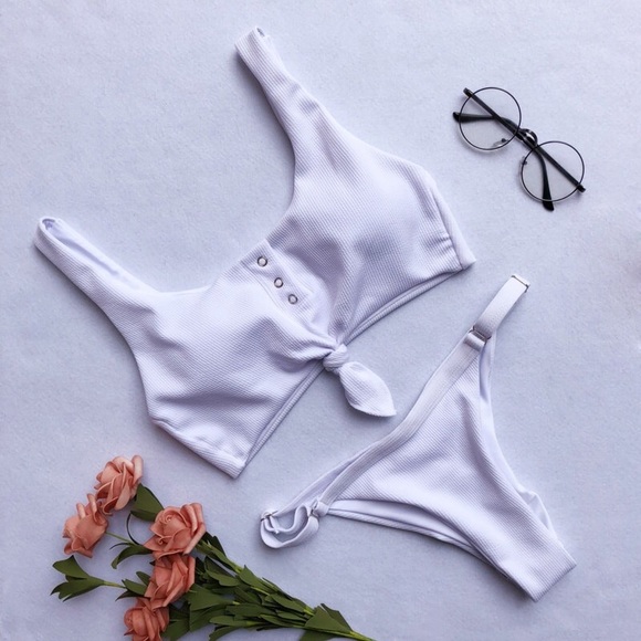 White Knotted Tie Up Bikini Set E - Picture 3 of 4